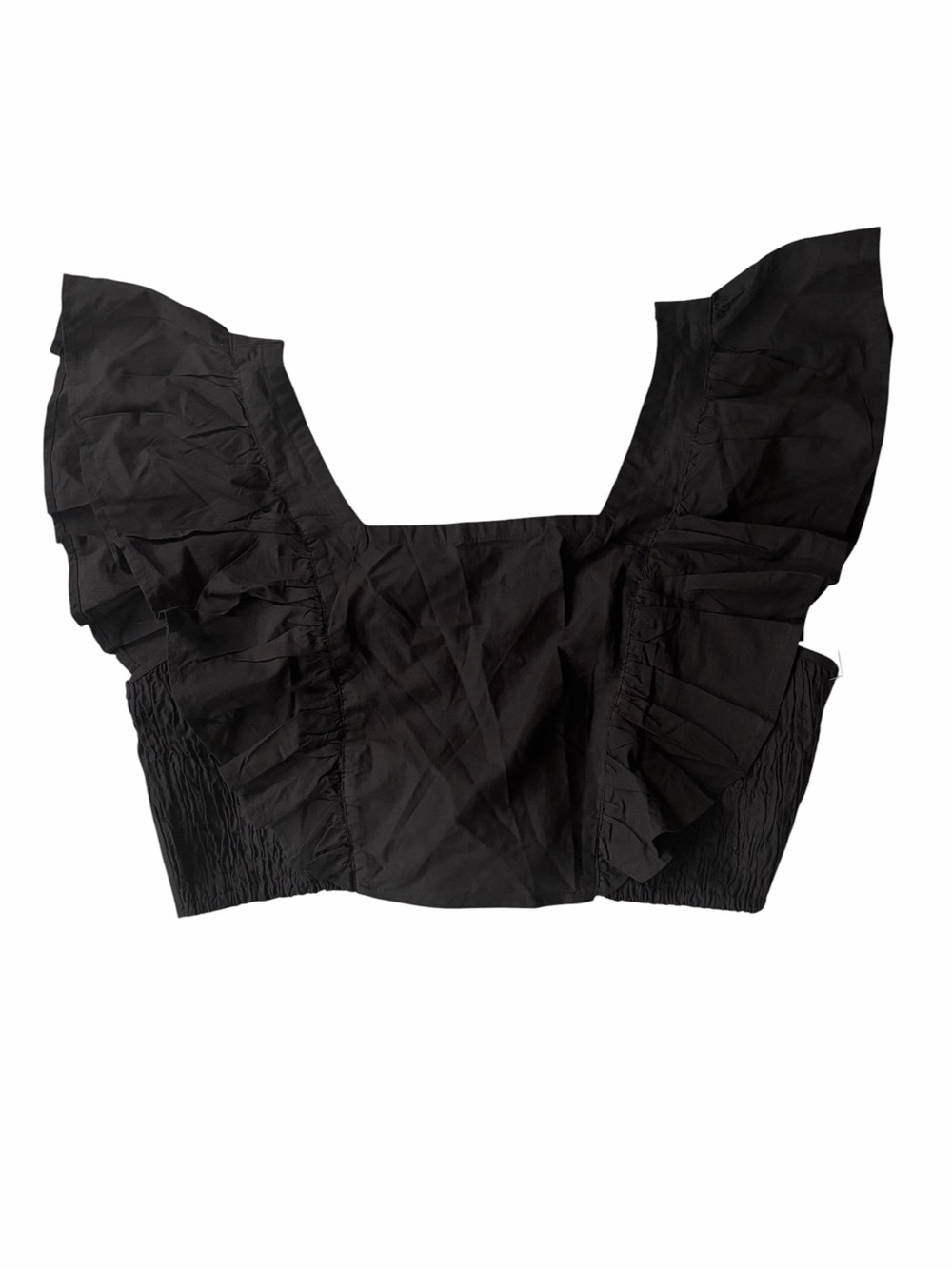 HT 360 Collective Black Cotton Poplin Square Neck Ruffle Cropped Blouse M